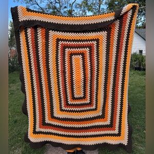 VTG Afghan Crochet Throw Blanket colorful browns and orange